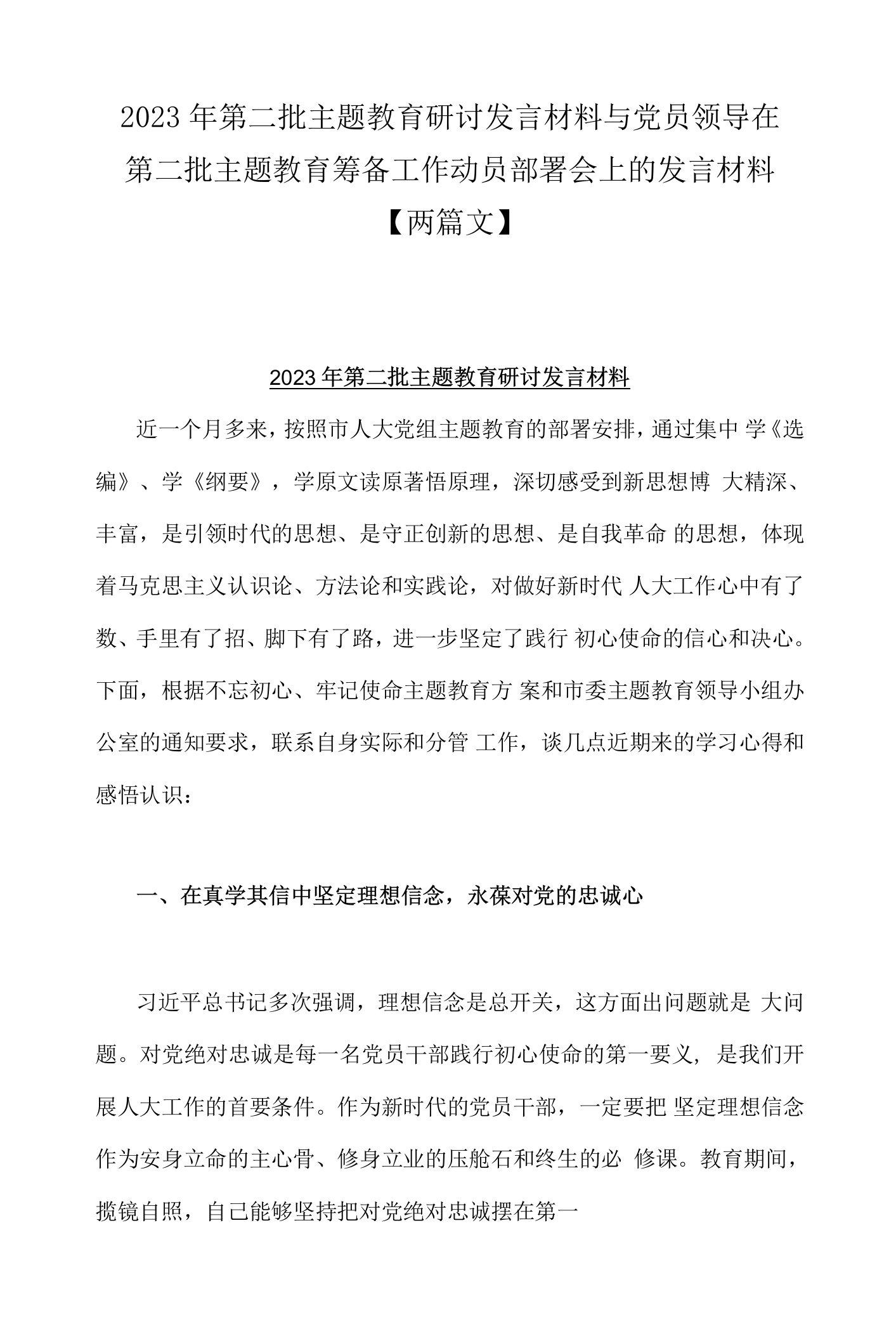 2023年第二批主题教育研讨发言材料与党员领导在第二批主题教育筹备工作动员部署会上的发言材料【两篇文】