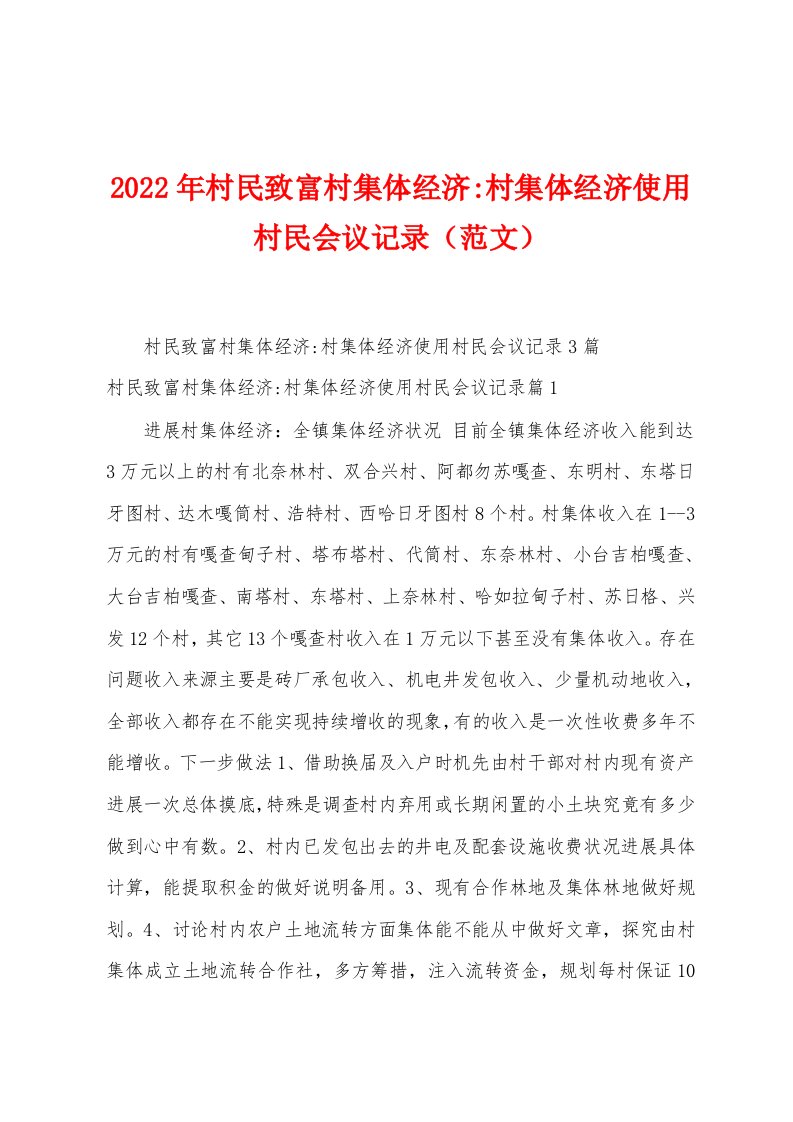 2023年村民致富村集体经济村集体经济使用村民会议记录