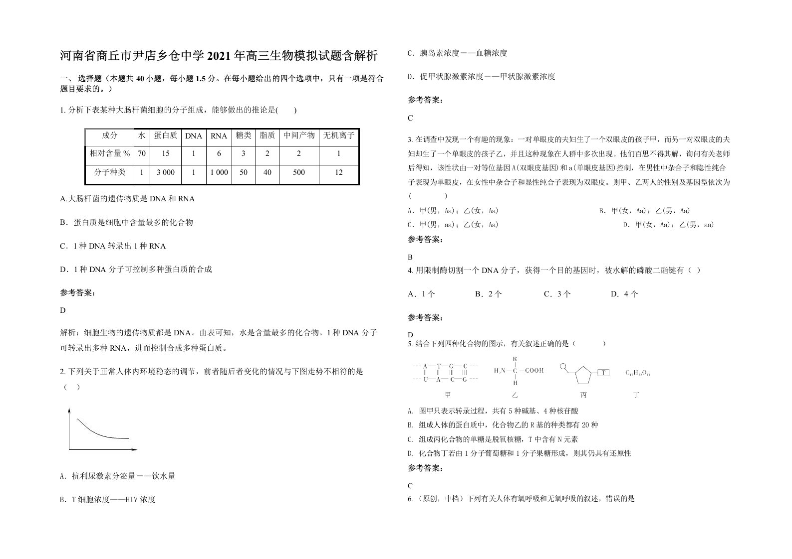 河南省商丘市尹店乡仓中学2021年高三生物模拟试题含解析