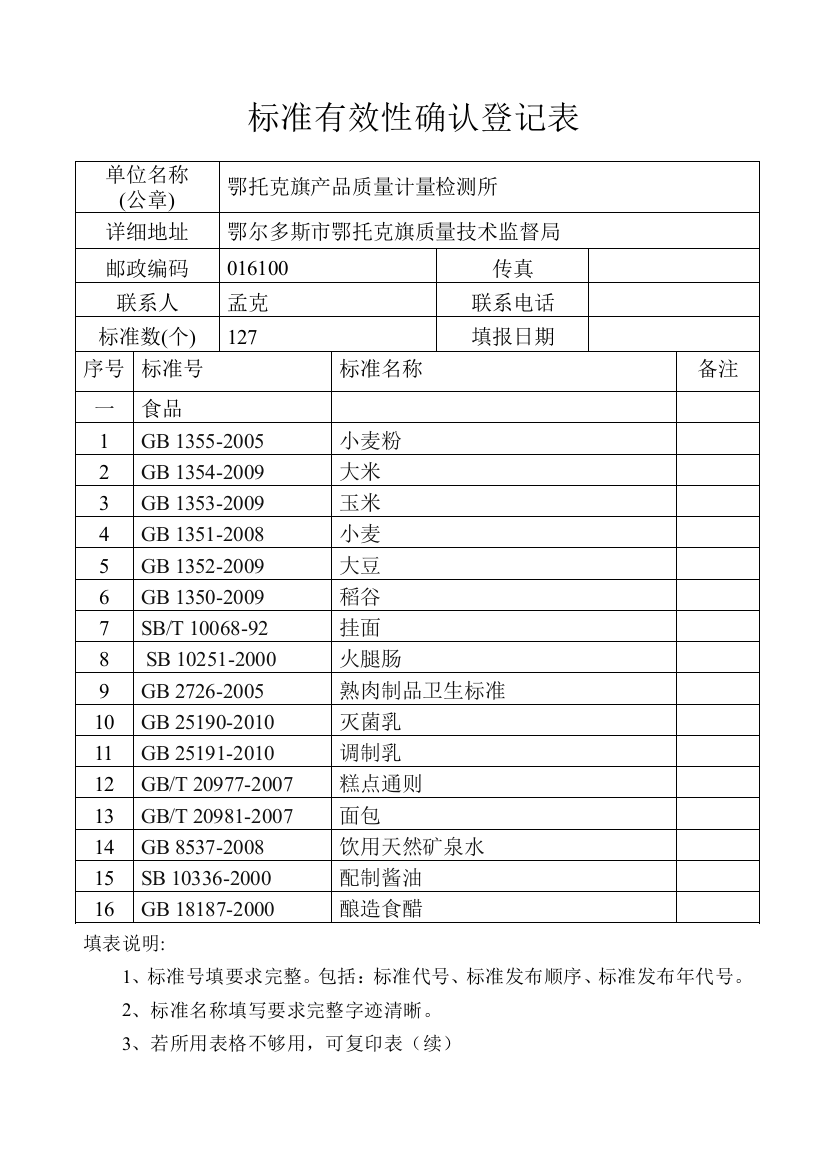 标准有效性确认登记表