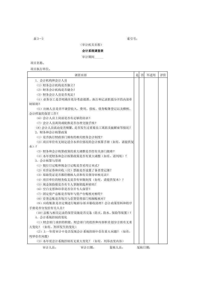 会计系统调查表控制环境调查表