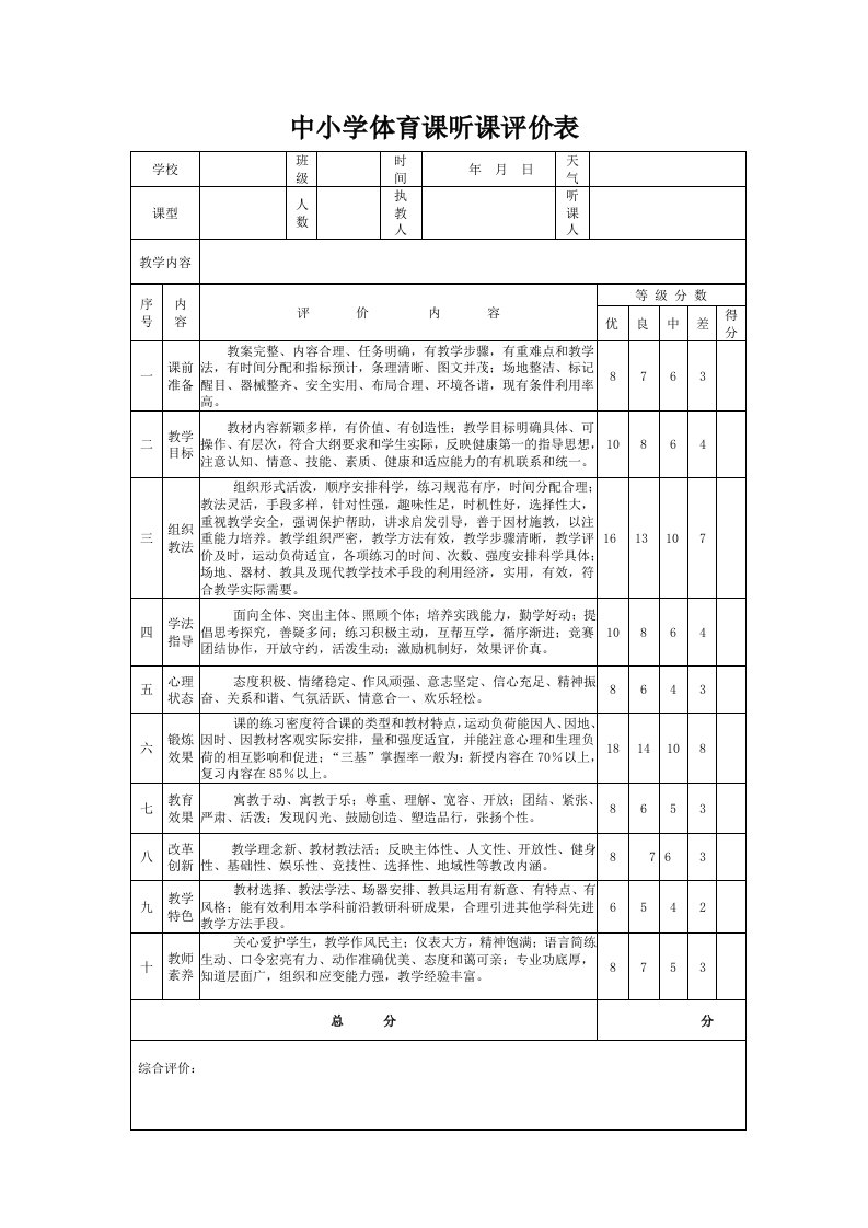 中小学体育课听课评价表