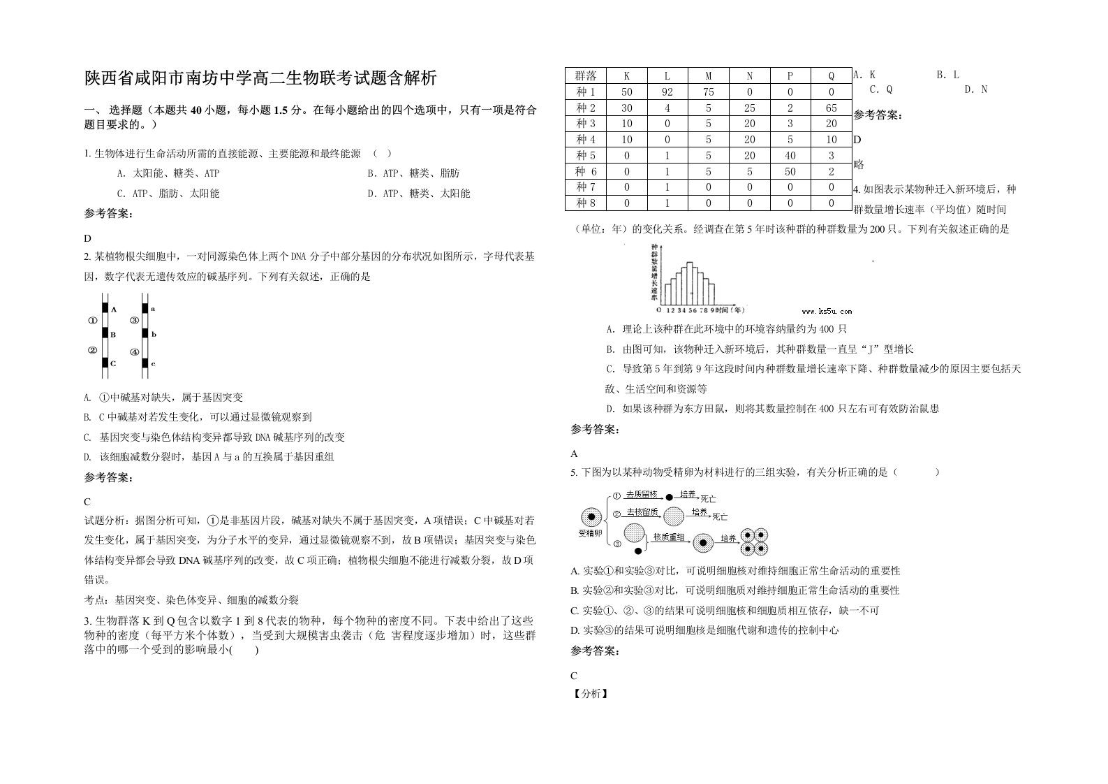 陕西省咸阳市南坊中学高二生物联考试题含解析