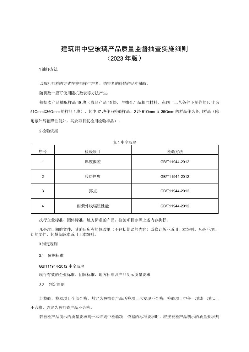 建筑用中空玻璃产品质量监督抽查实施细则（2023年版）