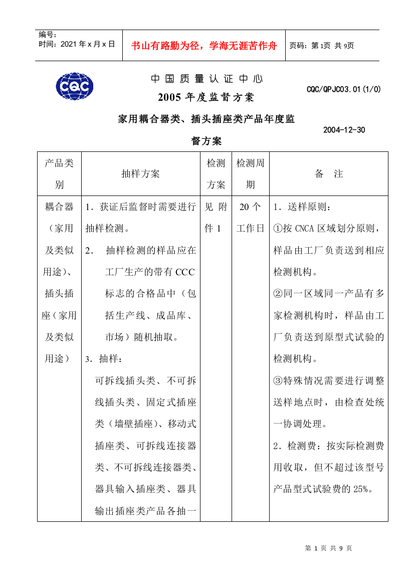 家用耦合器类、插头插座类产品年度监督方案