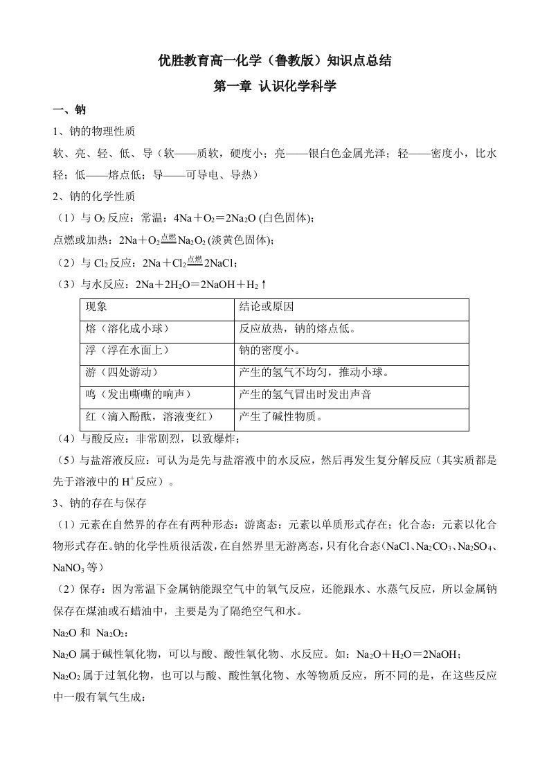 鲁教版高一化学必修一1-2章知识点