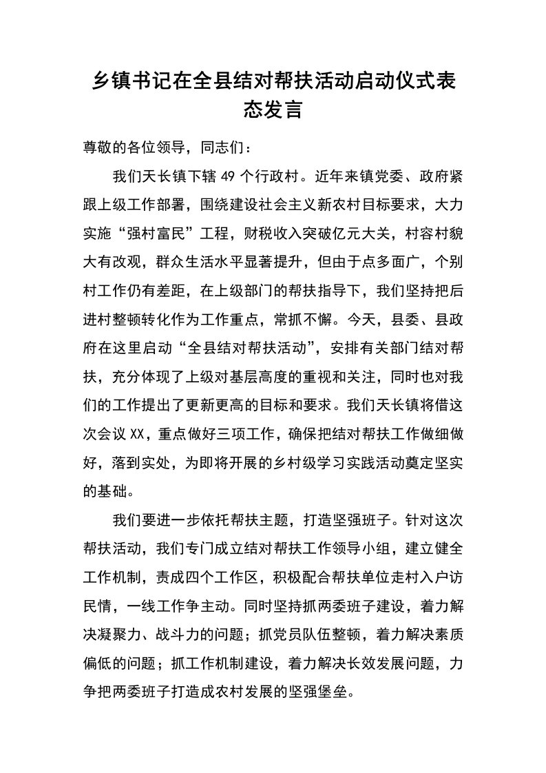 乡镇书记在全县结对帮扶活动启动仪式表态发言