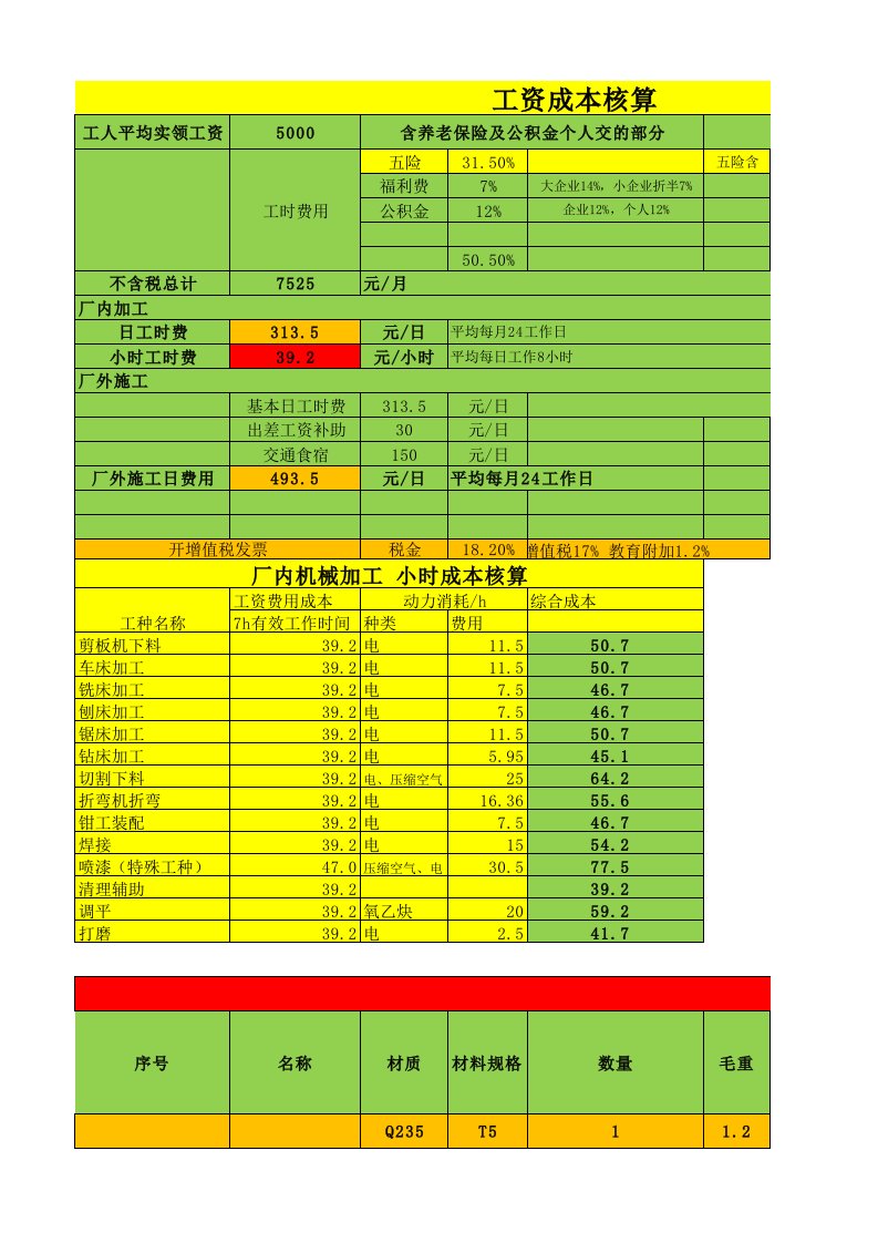 机械加工工时报价-成本核算表-报价表模板