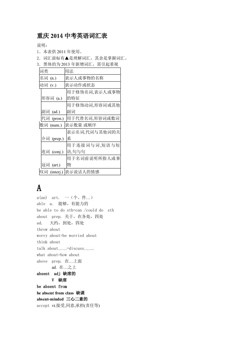 重庆2014中考英语词汇表