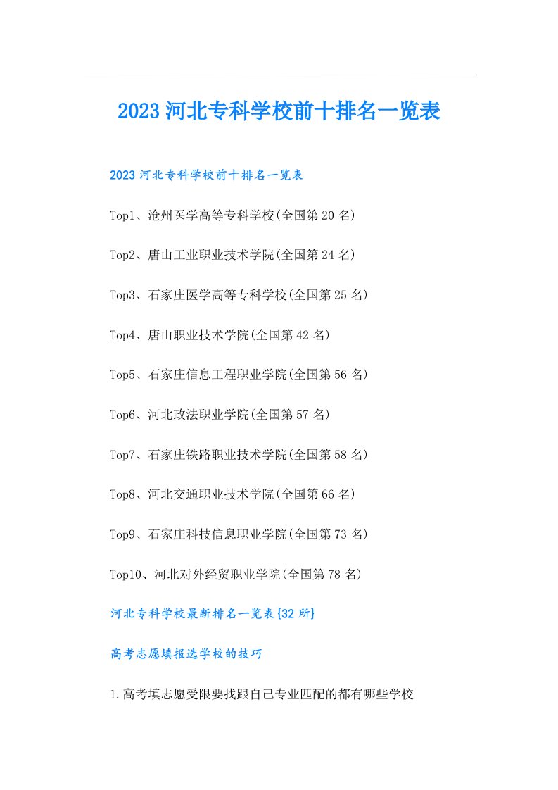 河北专科学校前十排名一览表