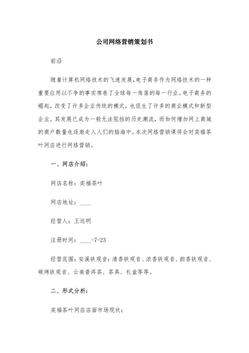 公司网络营销策划书