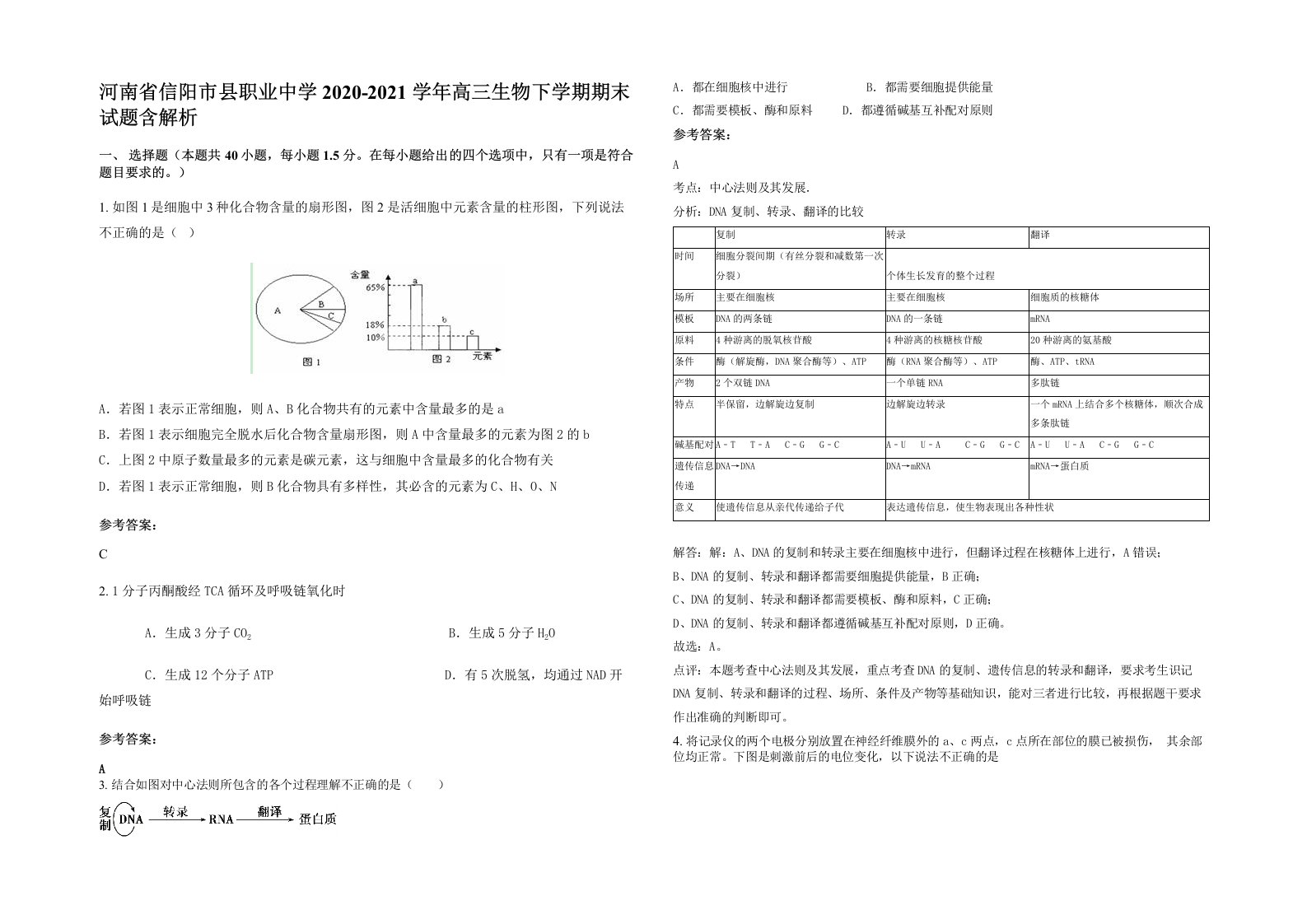 河南省信阳市县职业中学2020-2021学年高三生物下学期期末试题含解析