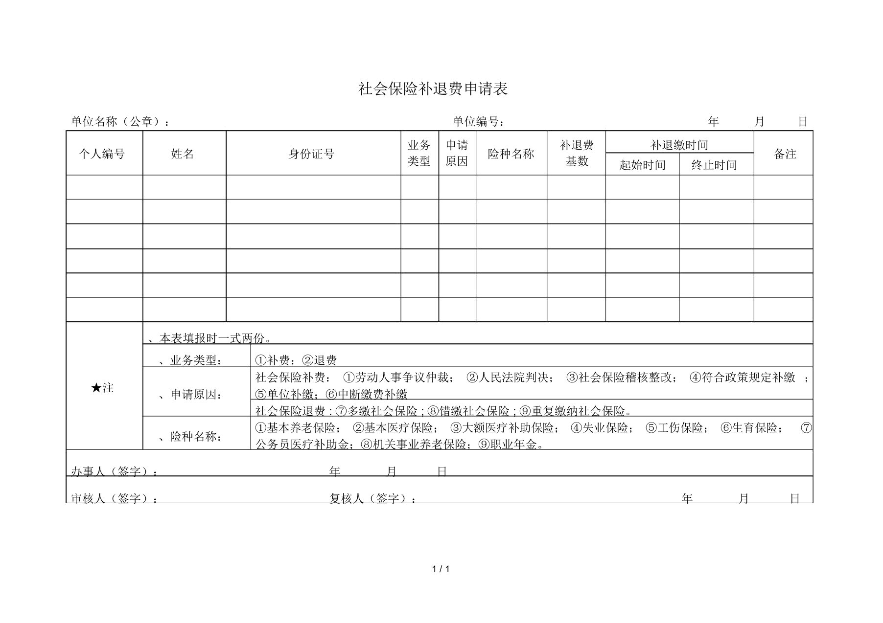 社会保险补退费申请表