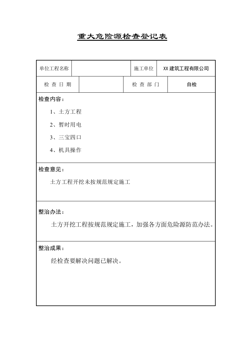 重大危险源安全检查记录表样本