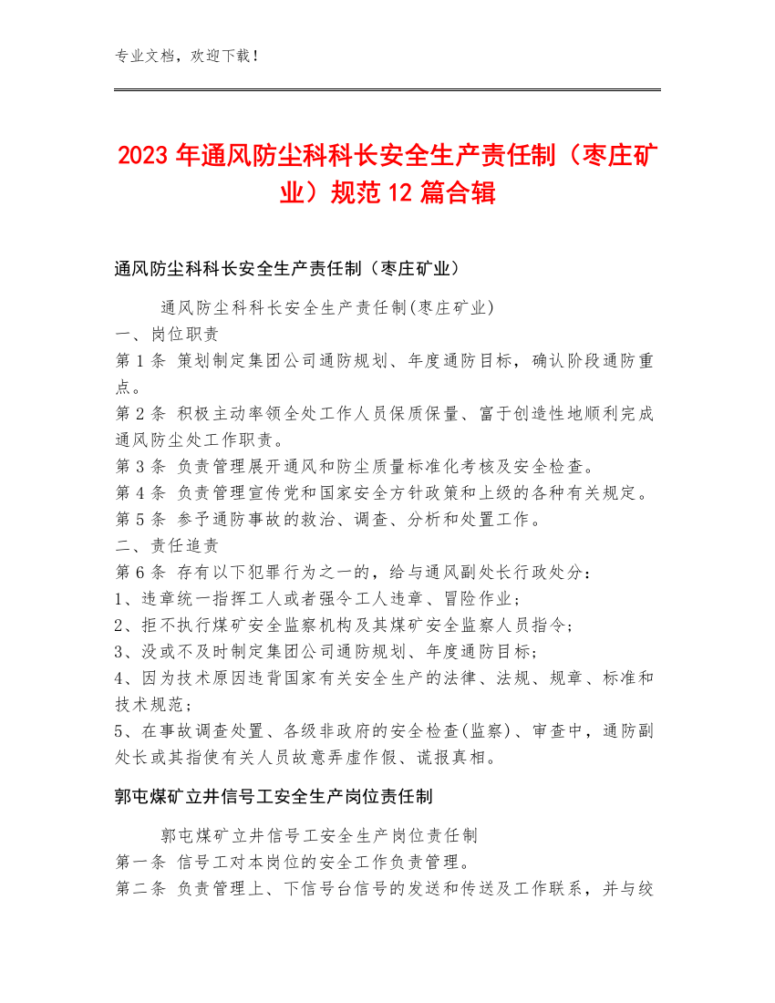 2023年通风防尘科科长安全生产责任制（枣庄矿业）规范12篇合辑