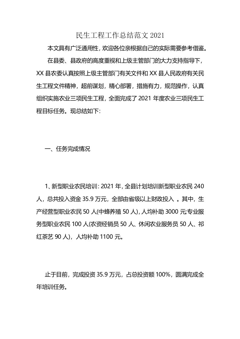 民生工程工作总结范文2021