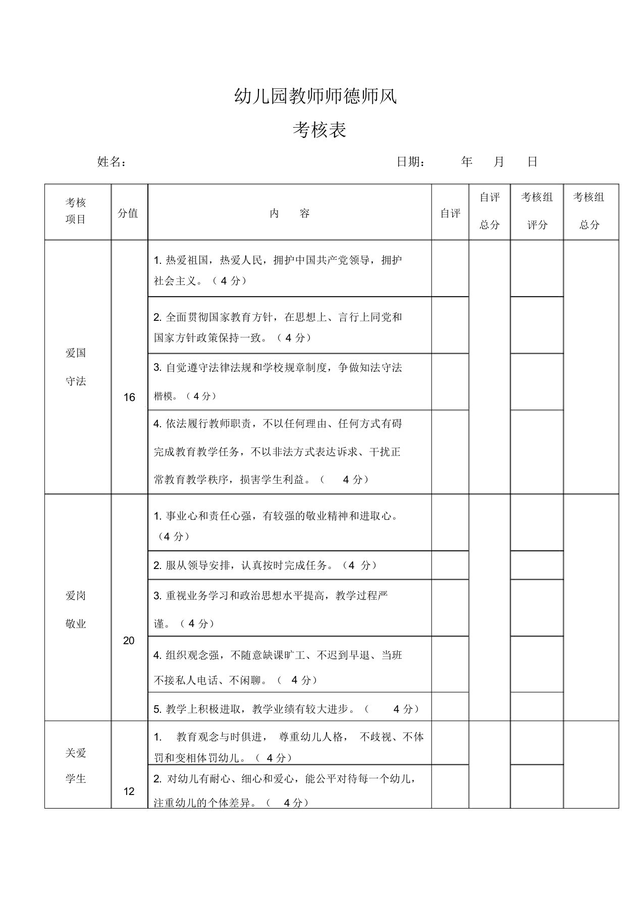 幼儿园教师师德师风考核表