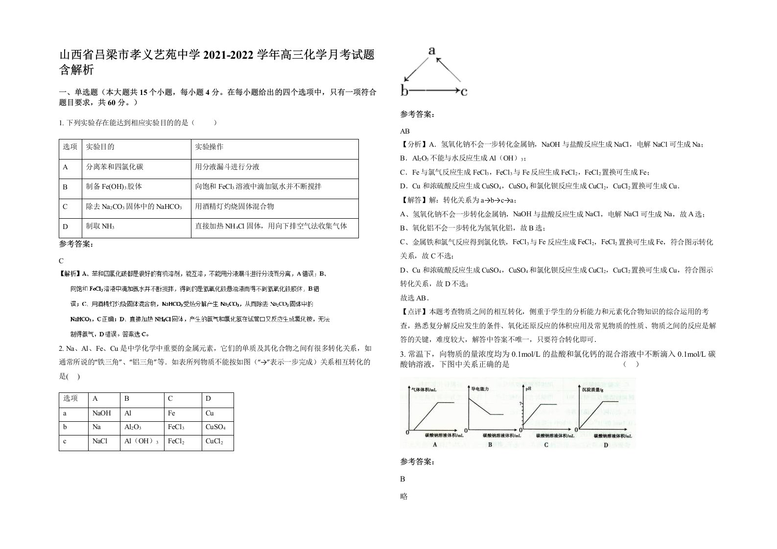 山西省吕梁市孝义艺苑中学2021-2022学年高三化学月考试题含解析