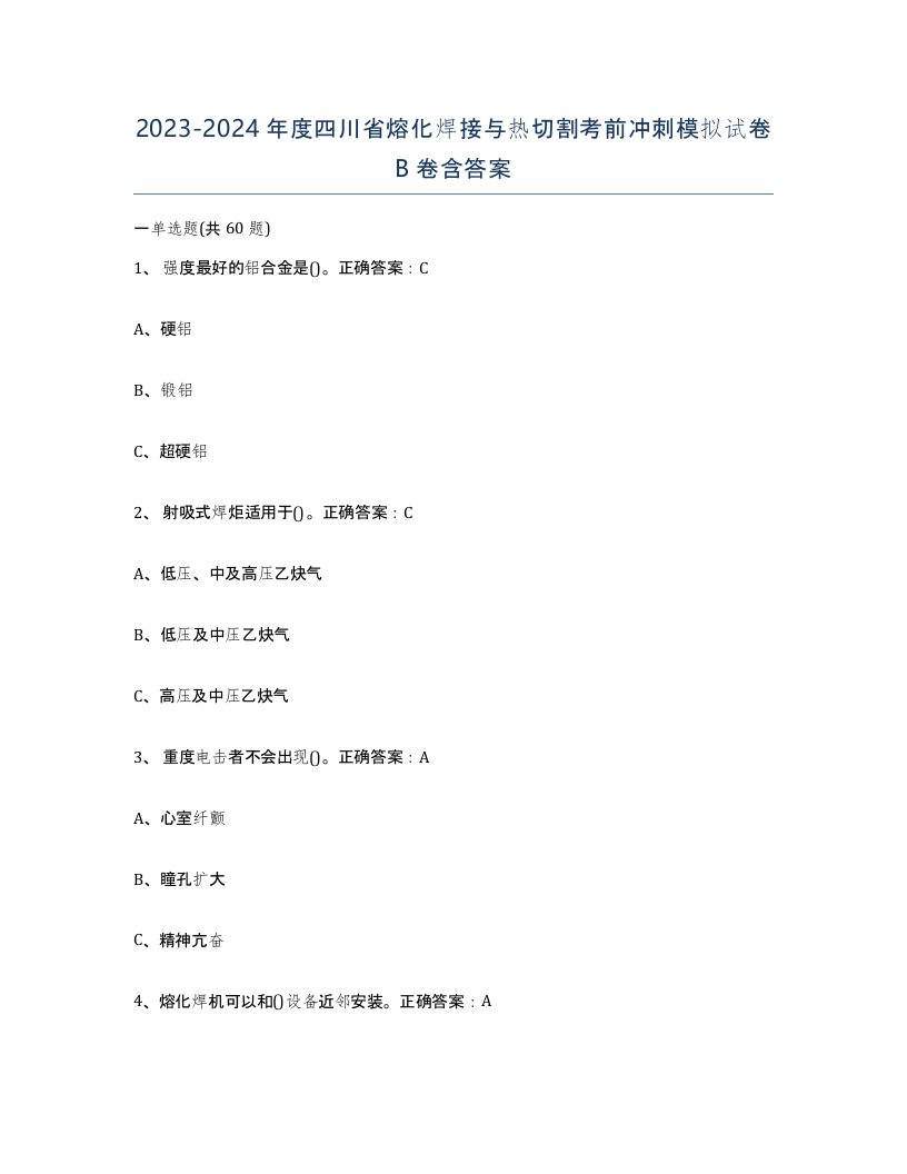 2023-2024年度四川省熔化焊接与热切割考前冲刺模拟试卷B卷含答案