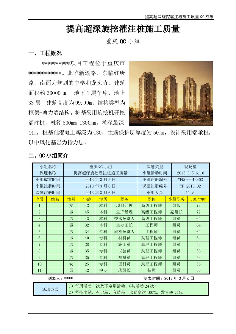 重庆高层建筑工程QC成果提高超深旋挖灌注桩施工质量（三峡杯）