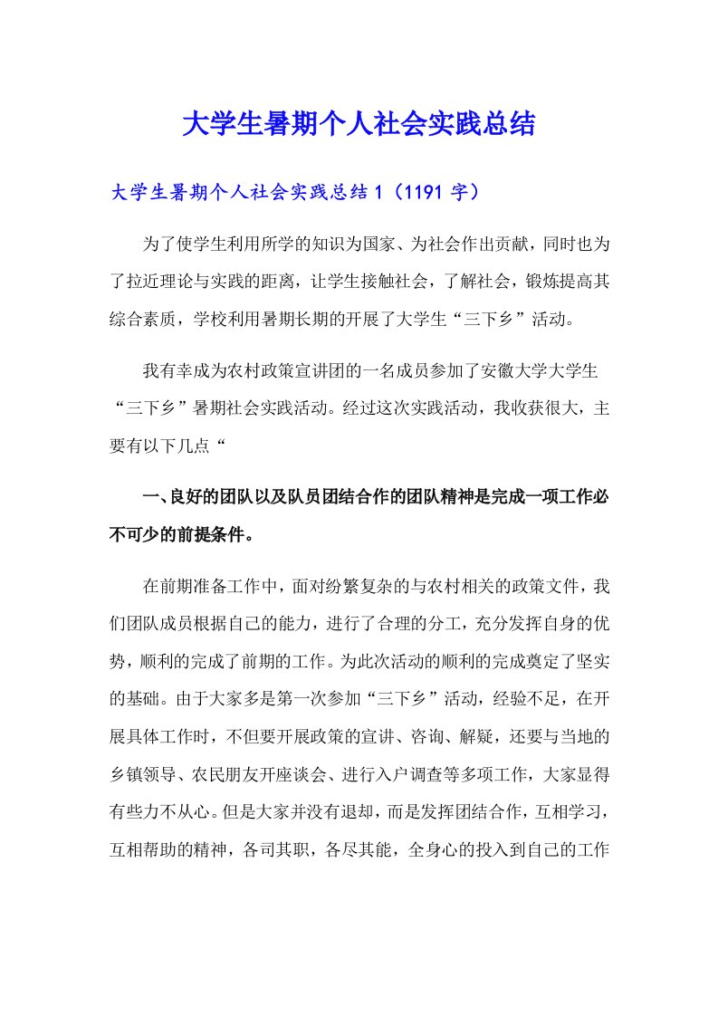 大学生暑期个人社会实践总结