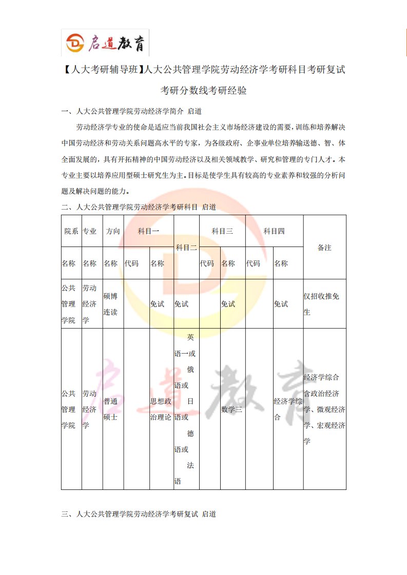 【人大考研辅导班】人大劳动经济学考研科目考研复试考研分数线考研经验精品