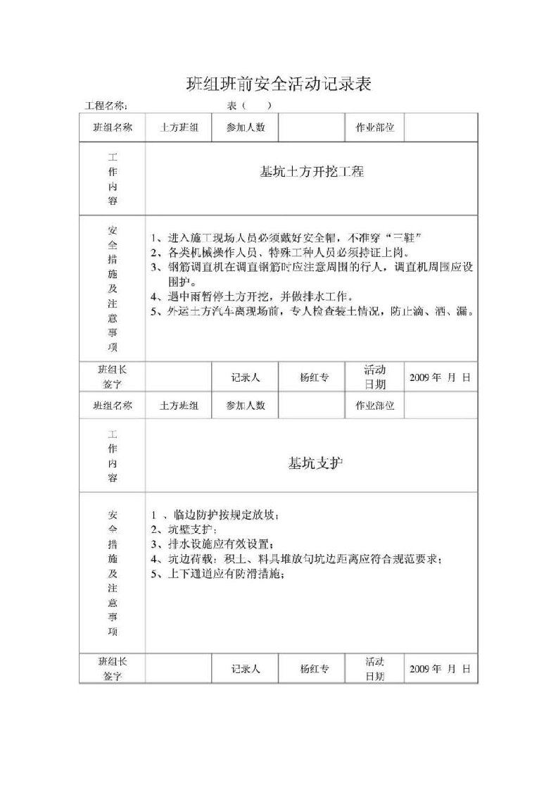 班组班前安全活动记录表