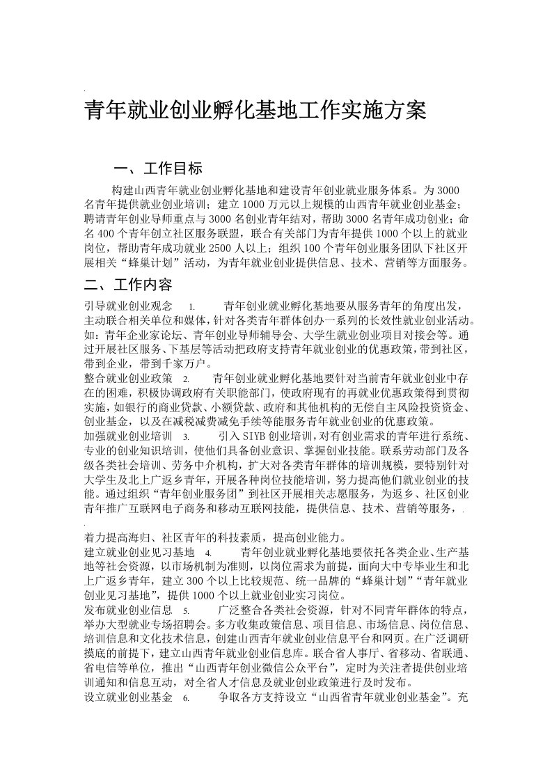 青年就业创业孵化基地工作实施方案