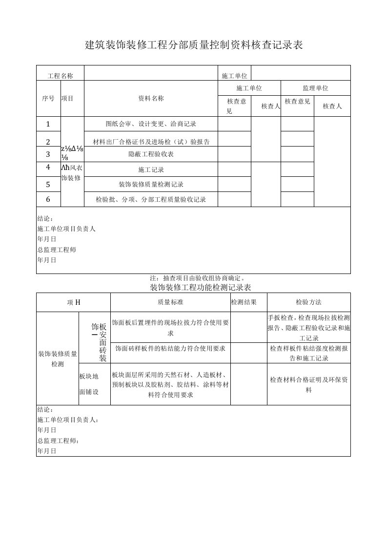 建筑装饰装修工程分部质量控制资料核查记录表