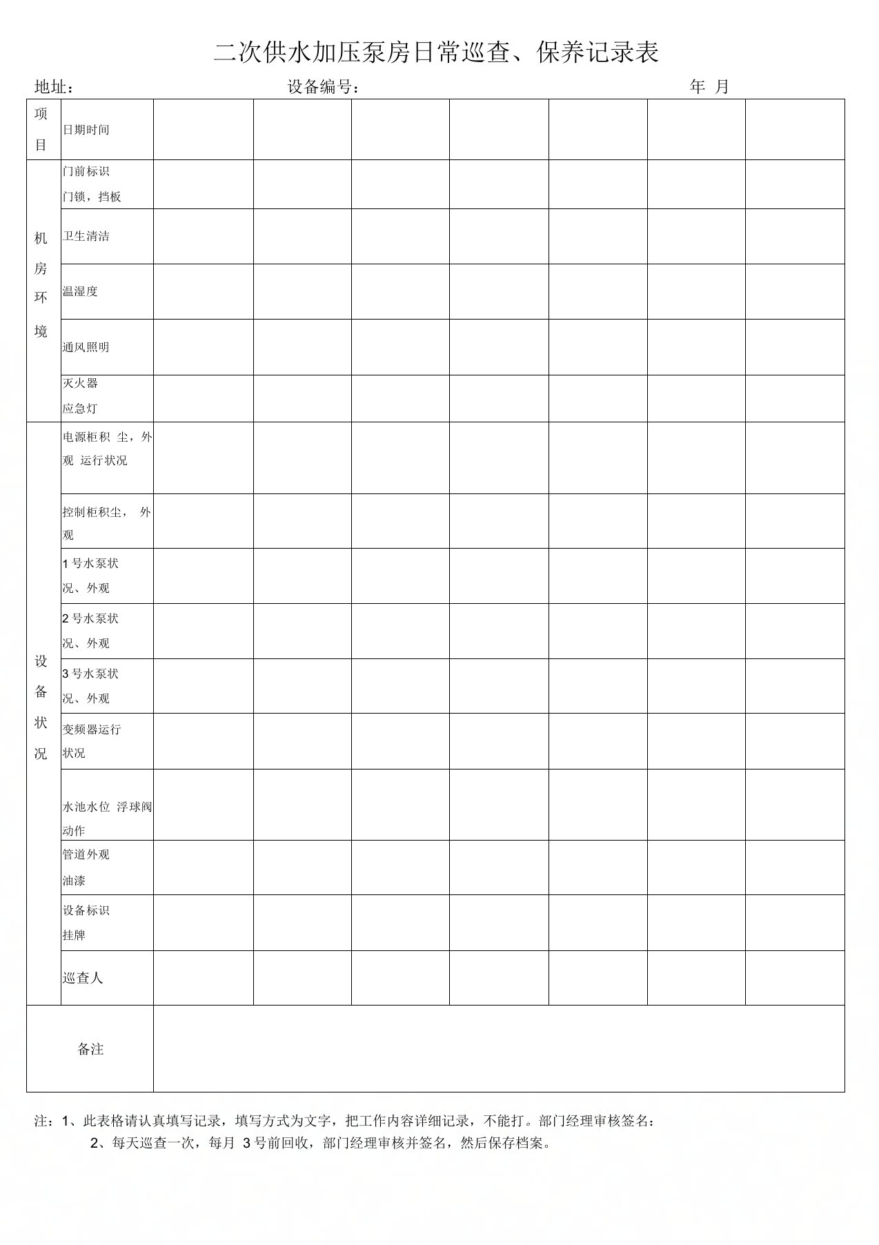 二次供水泵房日常巡查记录表