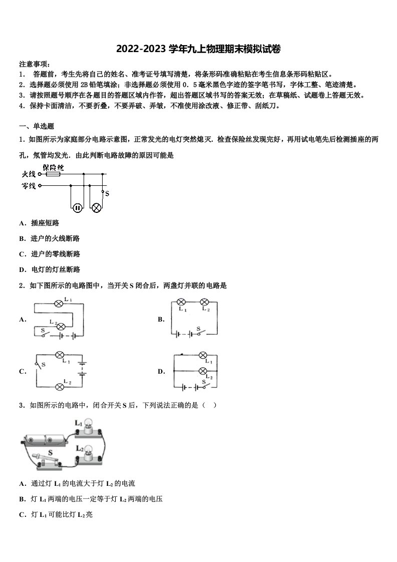 2022年湖北省咸宁市天城中学九年级物理第一学期期末检测试题含解析