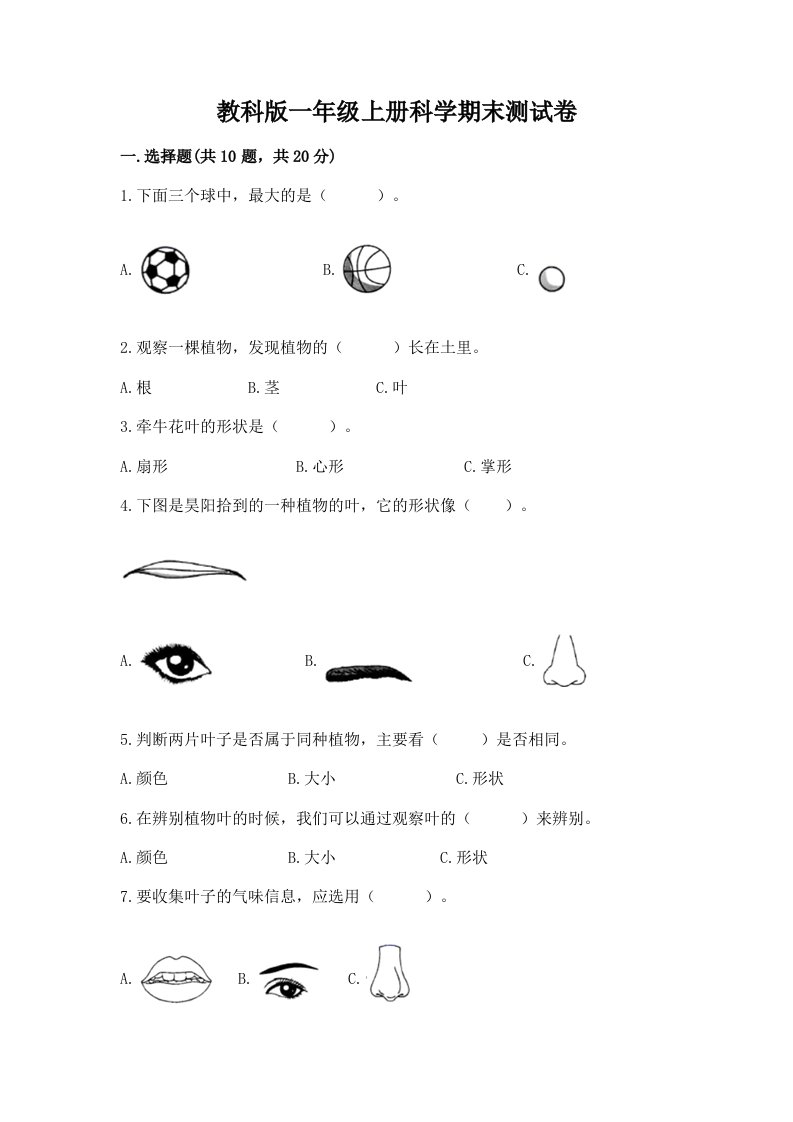 教科版一年级上册科学期末测试卷含完整答案【历年真题】