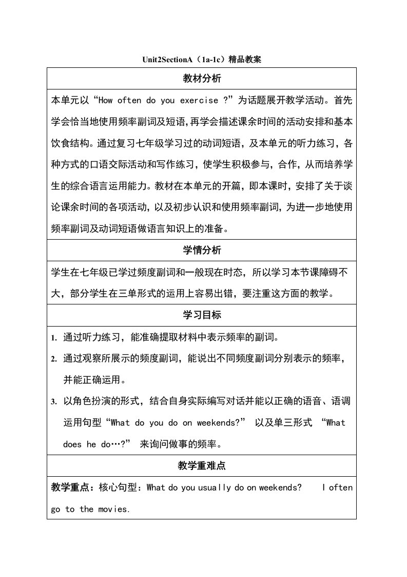 人教版八年级上册英语精品教案：Unit2SectionA（1a-1c）