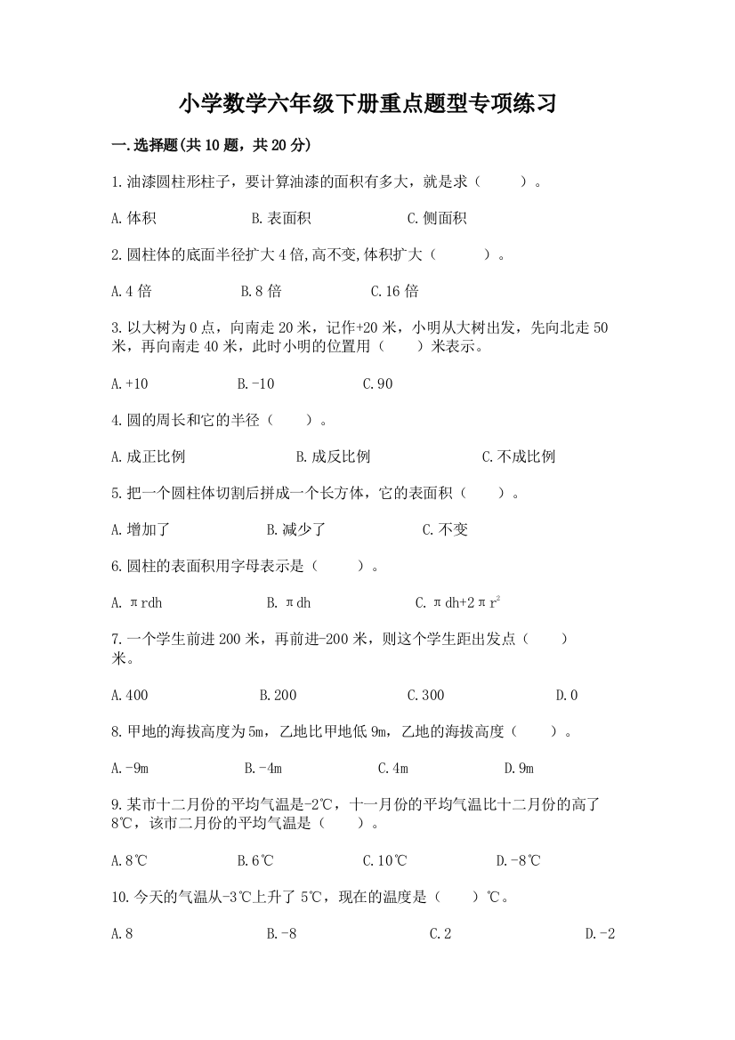 小学数学六年级下册重点题型专项练习精品(名师系列)