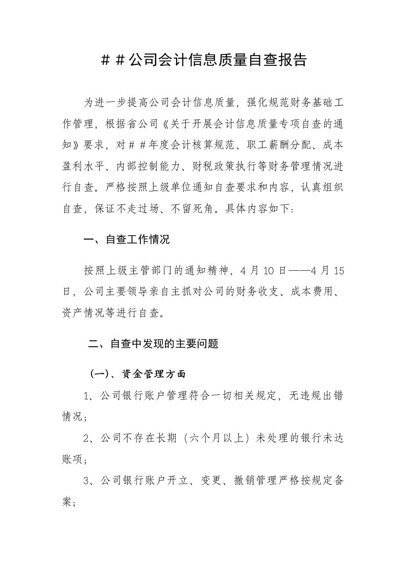 公司会计信息质量自查报告