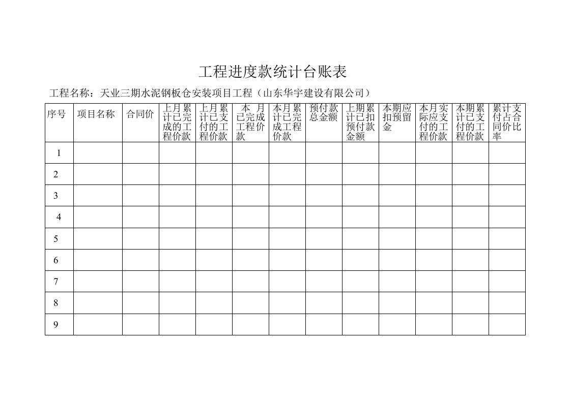 工程进度款统计台账表