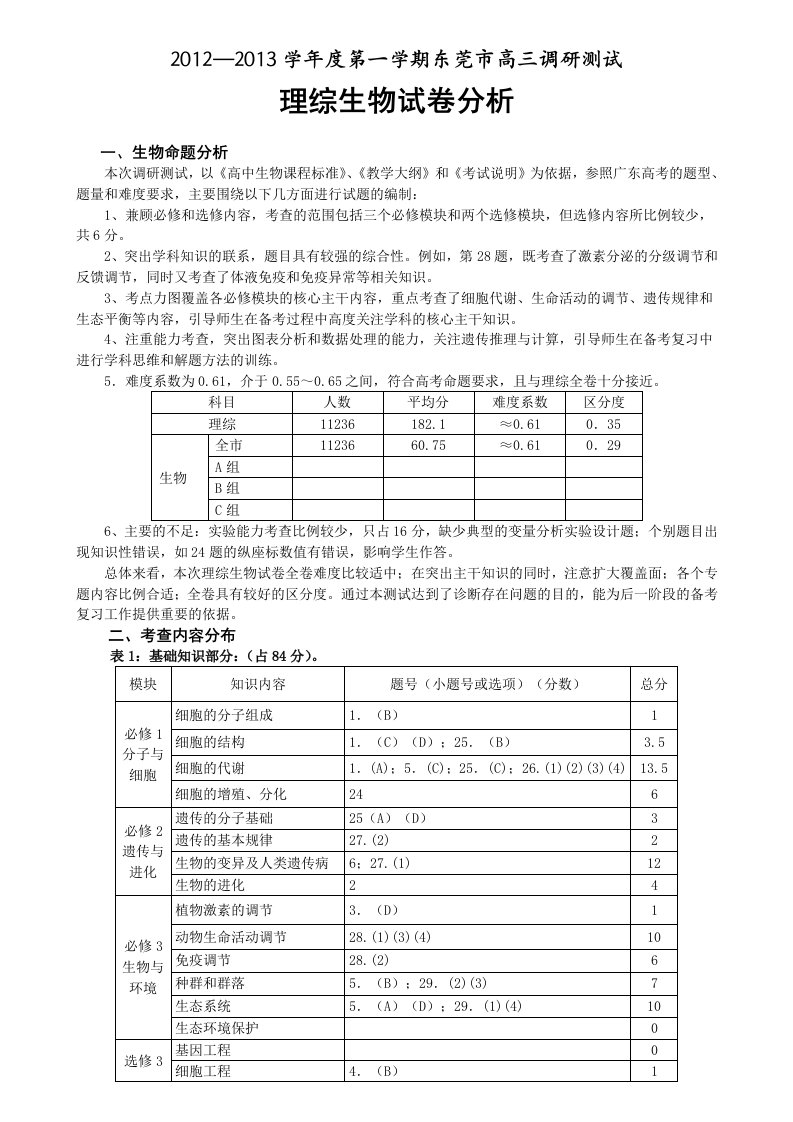 东莞市2013届高三生物期末考试试卷分析讲评用