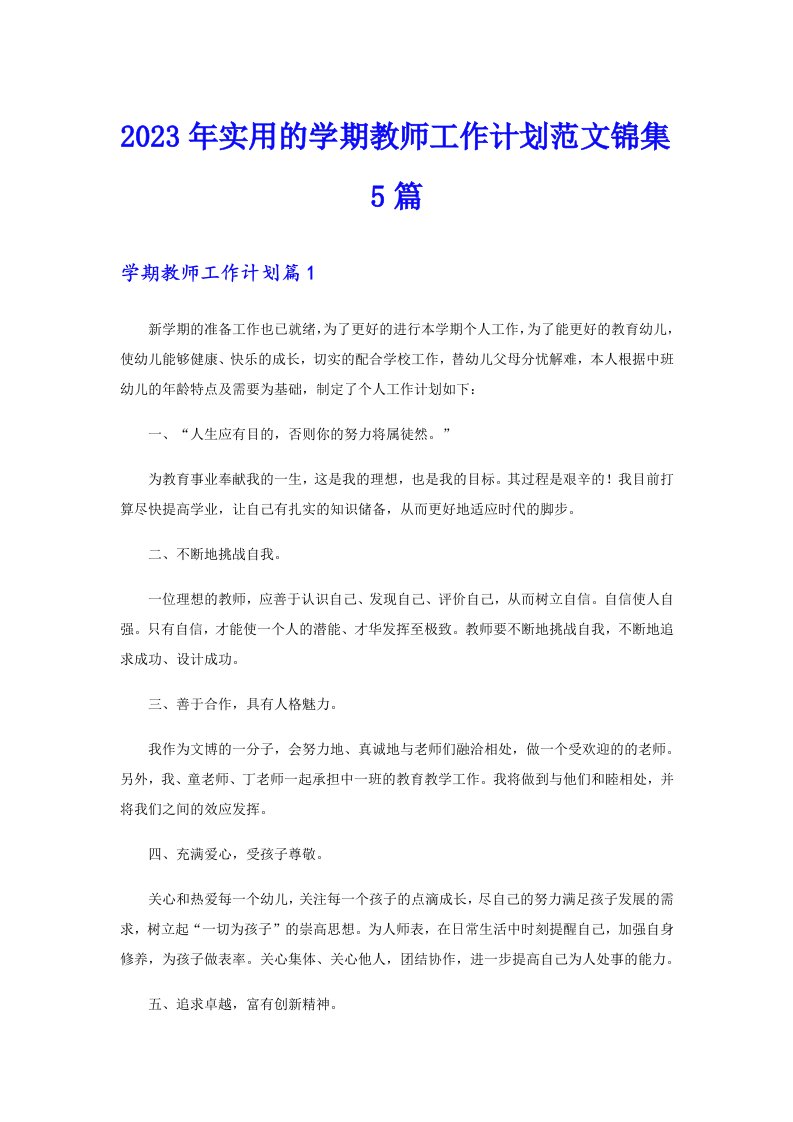 2023年实用的学期教师工作计划范文锦集5篇