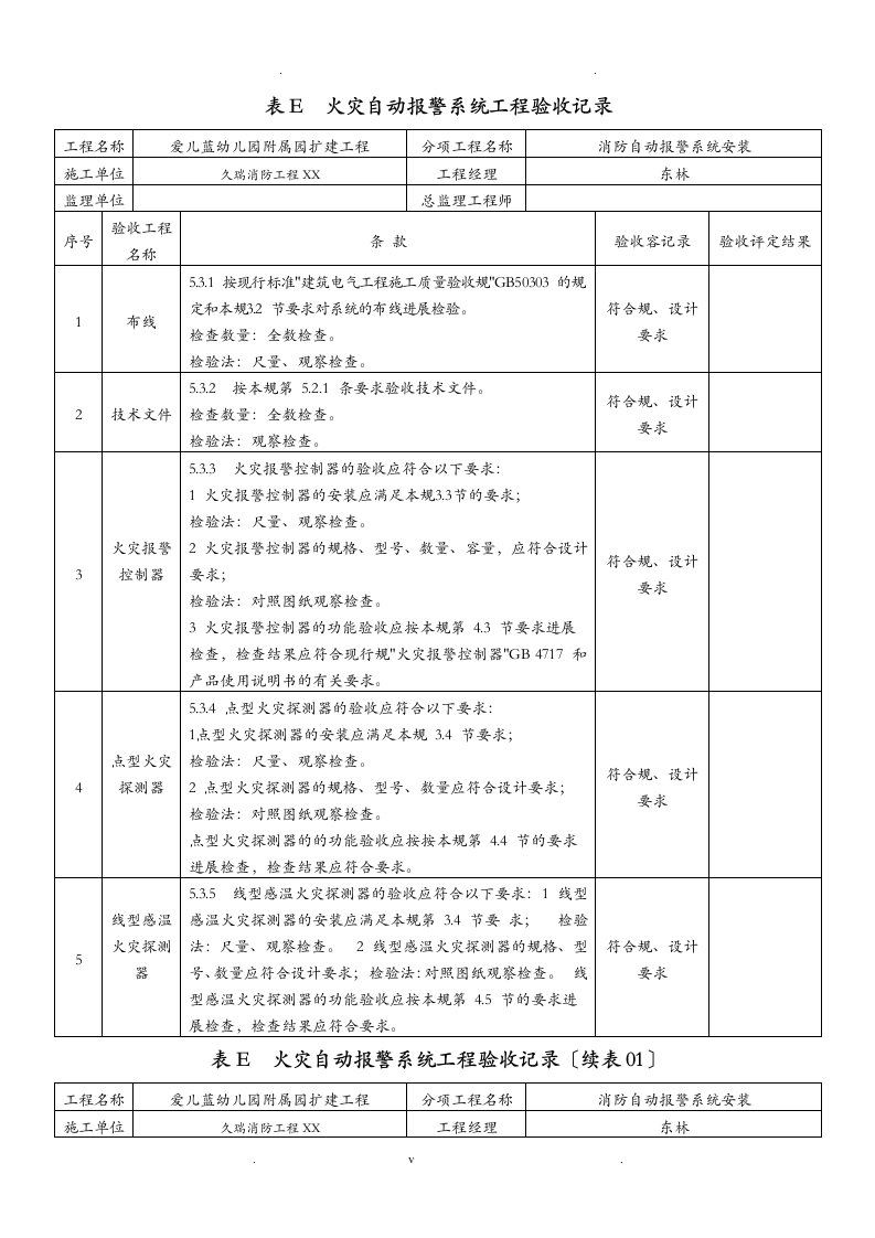 火灾自动报警系统工程验收记录样本