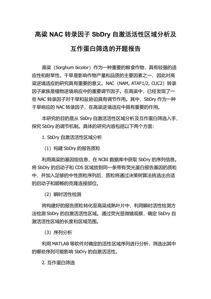 高粱NAC转录因子SbDry自激活活性区域分析及互作蛋白筛选的开题报告