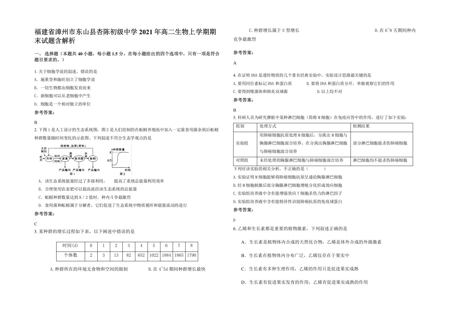 福建省漳州市东山县杏陈初级中学2021年高二生物上学期期末试题含解析