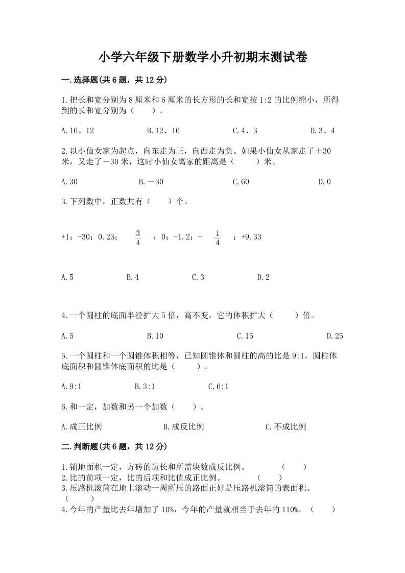 小学六年级下册数学小升初期末测试卷精品【历年真题】