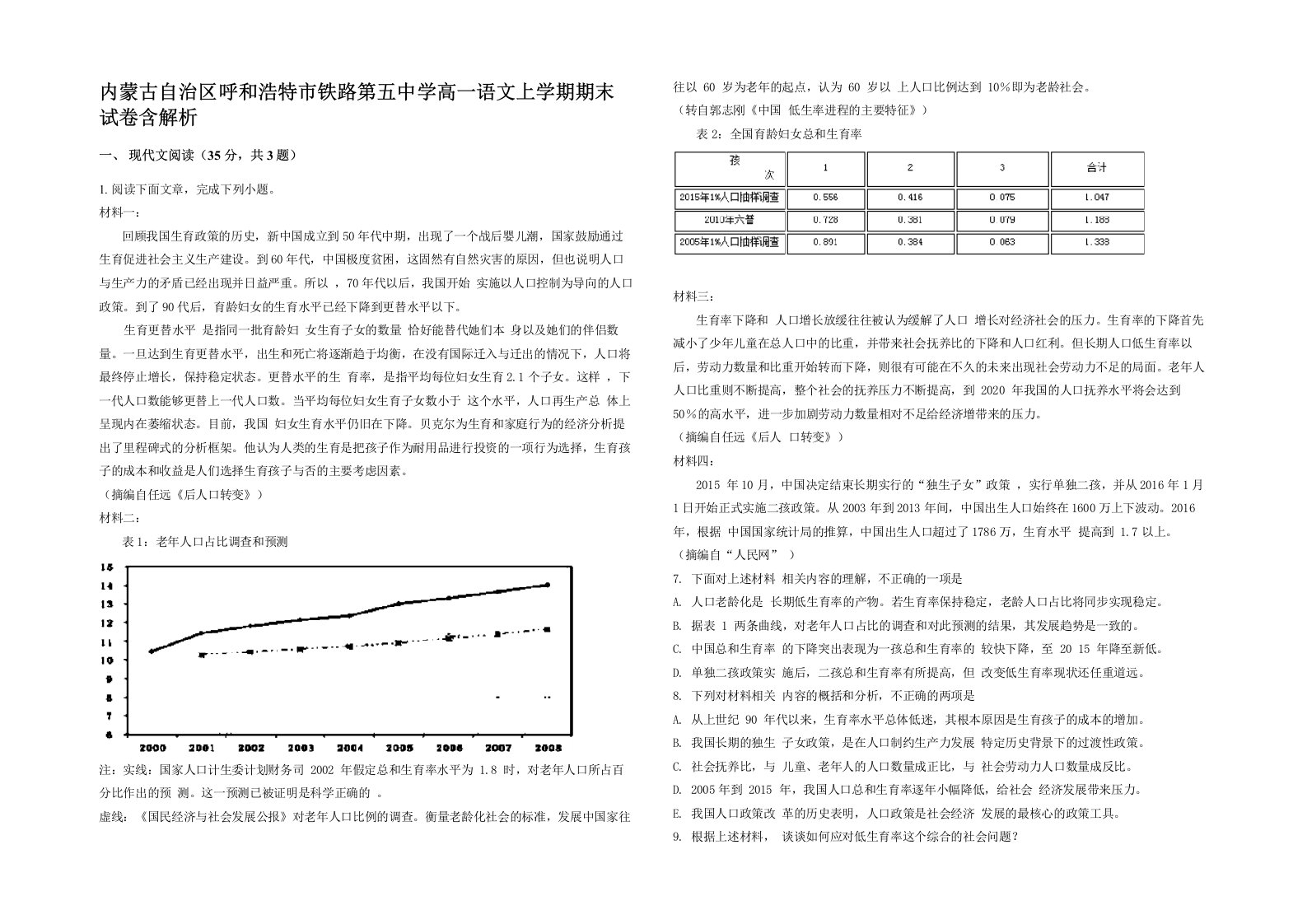 内蒙古自治区呼和浩特市铁路第五中学高一语文上学期期末试卷含解析