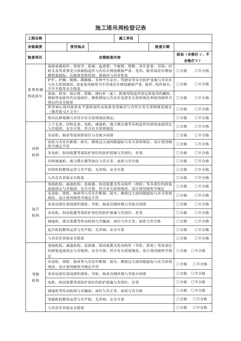 塔吊周检查记录表