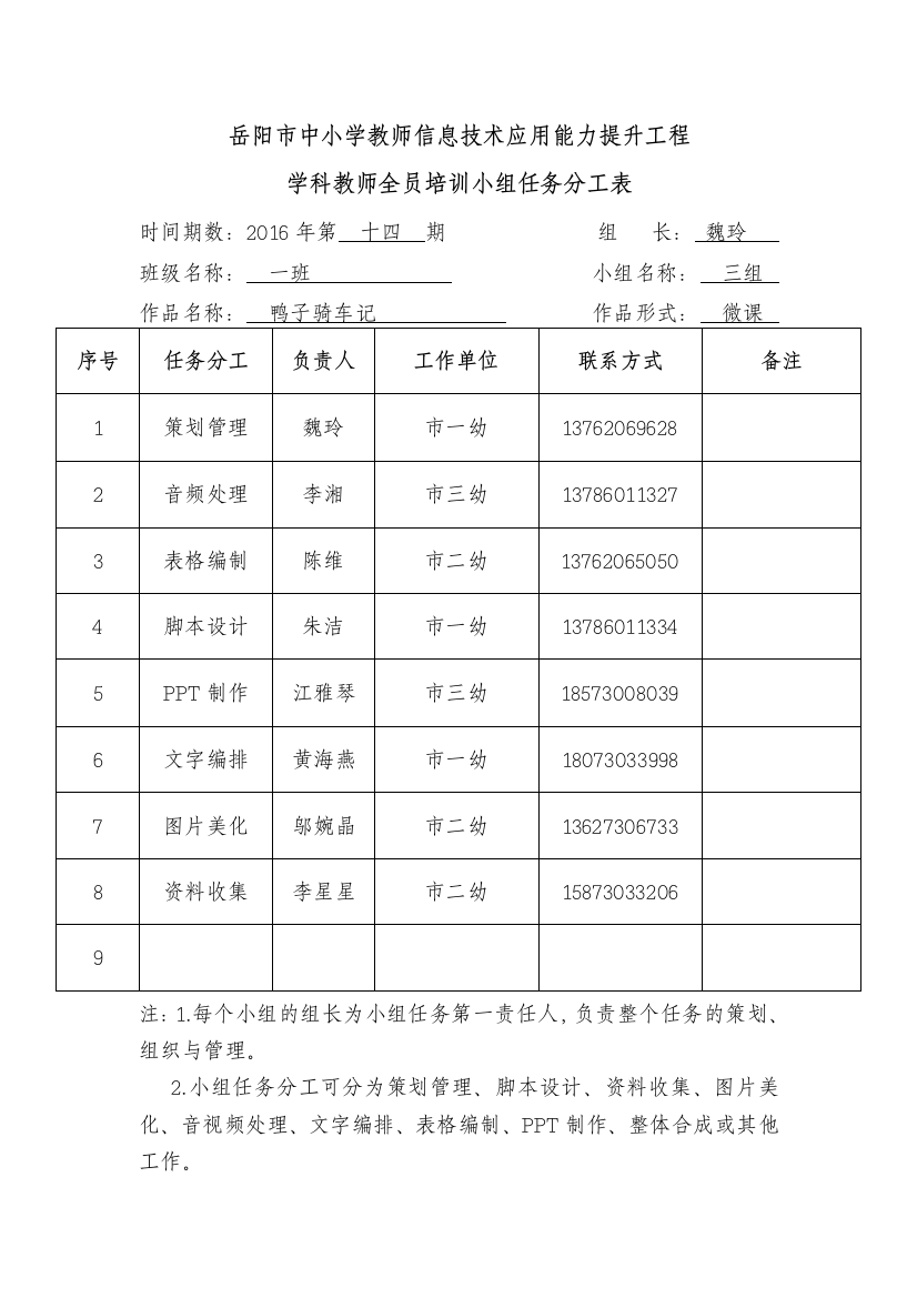 一班三组任务分工表