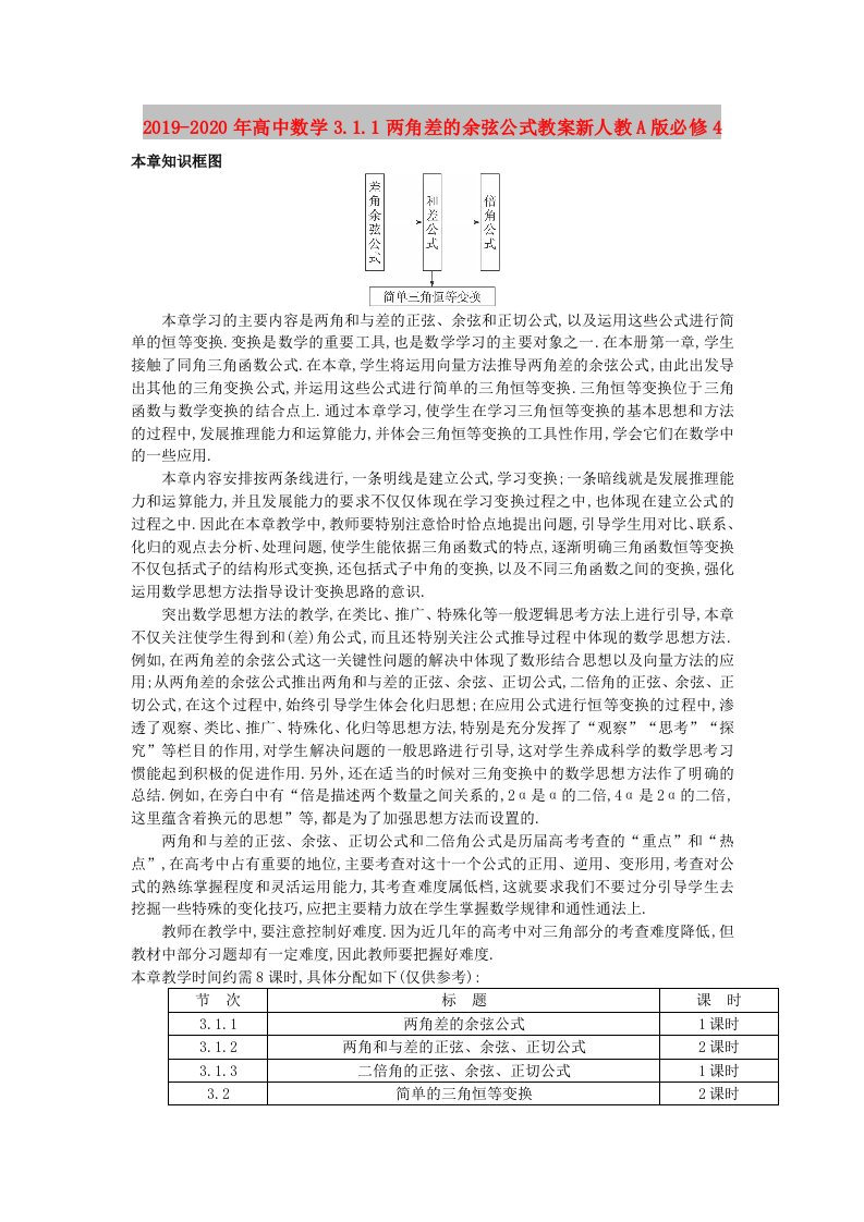 2019-2020年高中数学3.1.1两角差的余弦公式教案新人教A版必修4