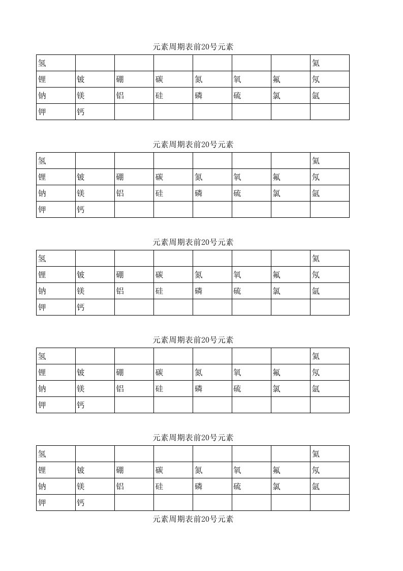 元素周期表前20号元素练习