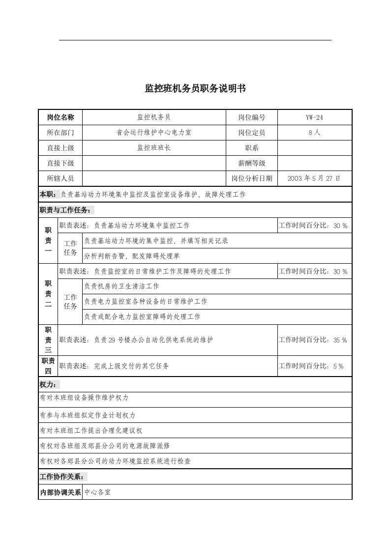 通信行业-省会运行维护中心-监控班机务员岗位说明书