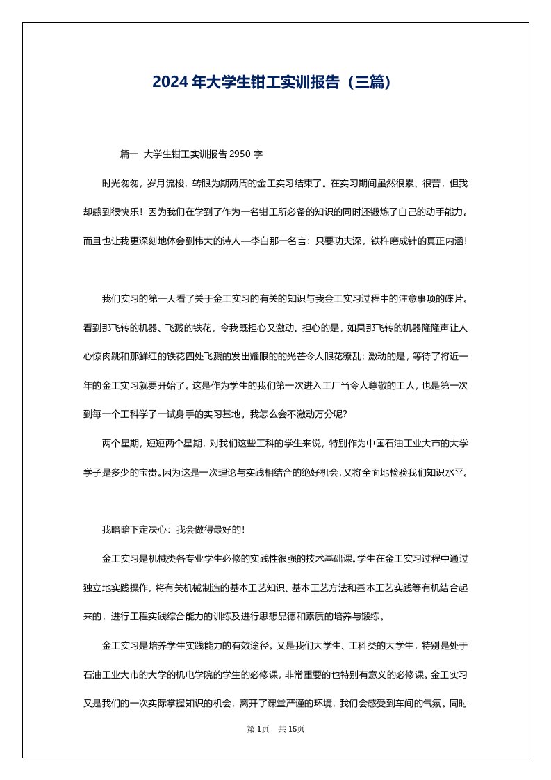 2024年大学生钳工实训报告（三篇）