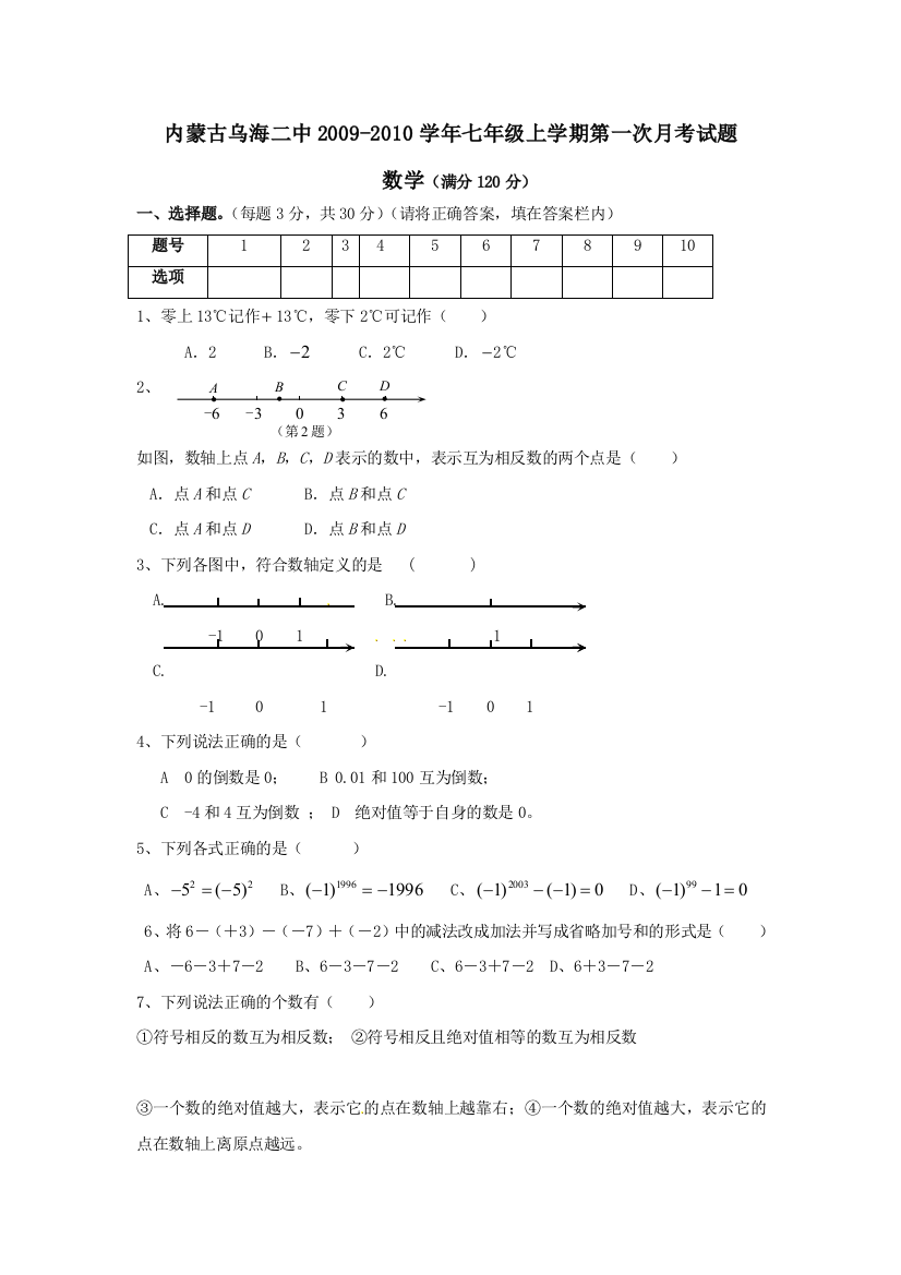 【小学中学教育精选】内蒙古乌海二中09-10学年七年级上第一次月考试--数学